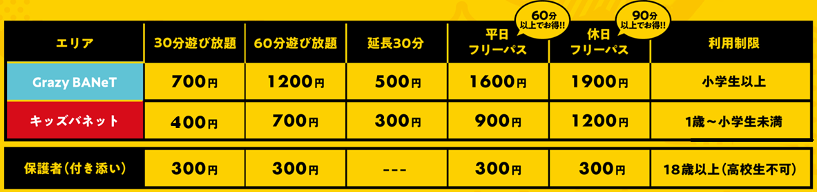レギュラーシーズン料金表