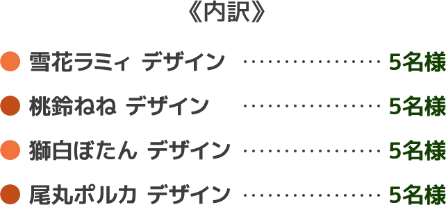 《内訳》雪花ラミィ デザイン5名様 桃鈴ねね デザイン5名様 獅白ぼたん デザイン5名様 尾丸ポルカ デザイン5名様