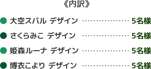 《内訳》大空スバル デザイン5名様 さくらみこ デザイン5名様 姫森ルーナ デザイン5名様 博衣こより デザイン5名様
