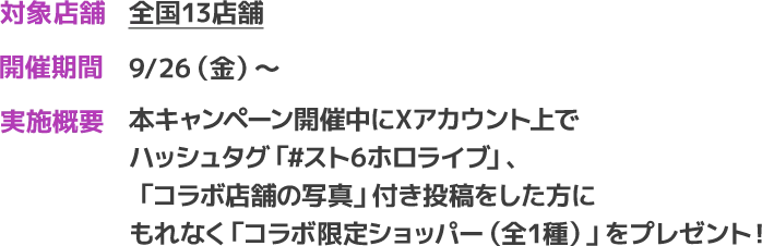 
                        対象店舗 全国13店舗、開催期間 8/1（金）〜、実施概要 本キャンペーン開催中にXアカウント上で
                        ハッシュタグ「#スト6ホロライブ」、「コラボ店舗の写真」付き投稿をした方にもれなく「コラボ限定ショッパー（全1種）」をプレゼント！
                        
