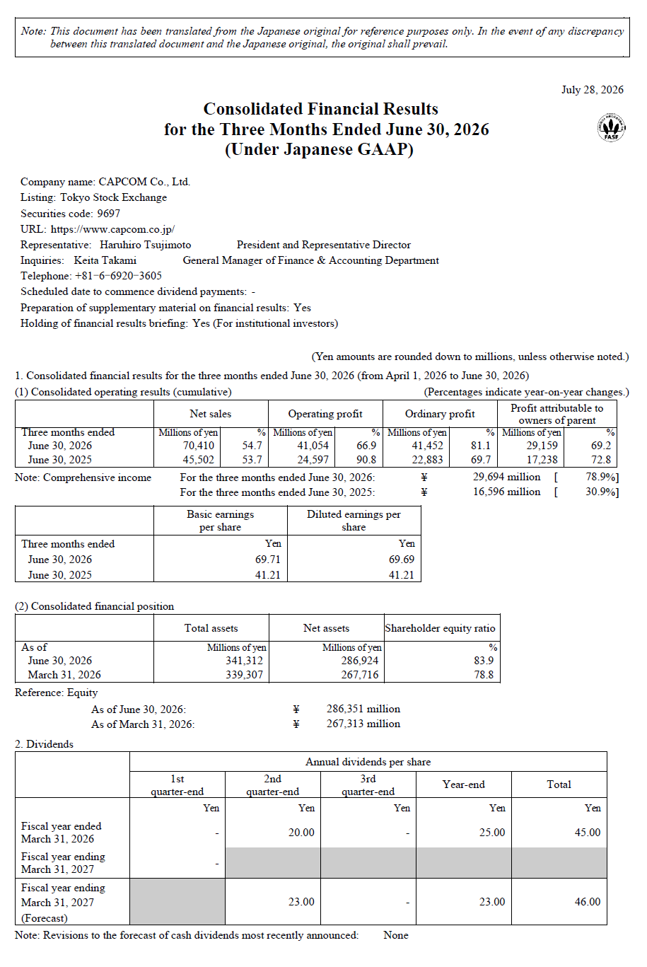 Summary of Financial Results – Page 1